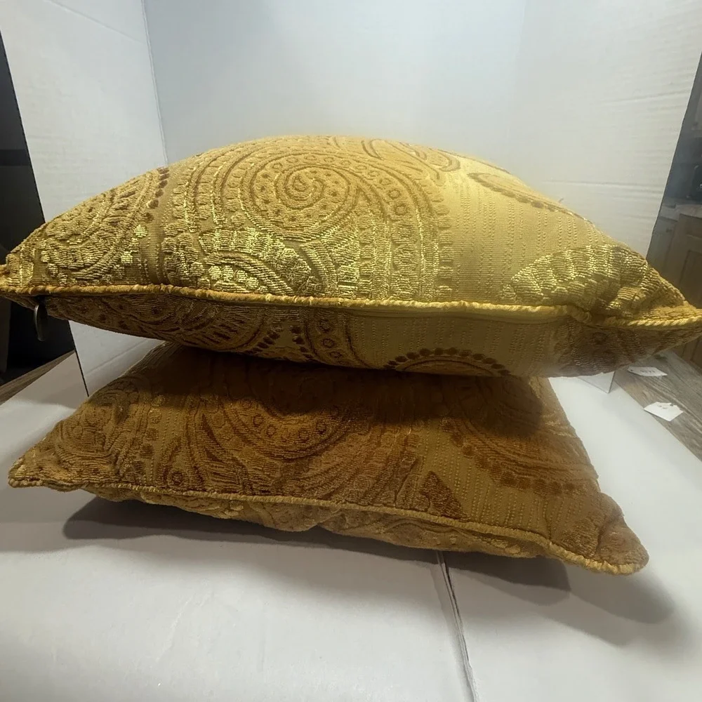 Pier 1 Imports Gold Velvet Paisley Throw Pillows Set of 2 Square 17in Accent